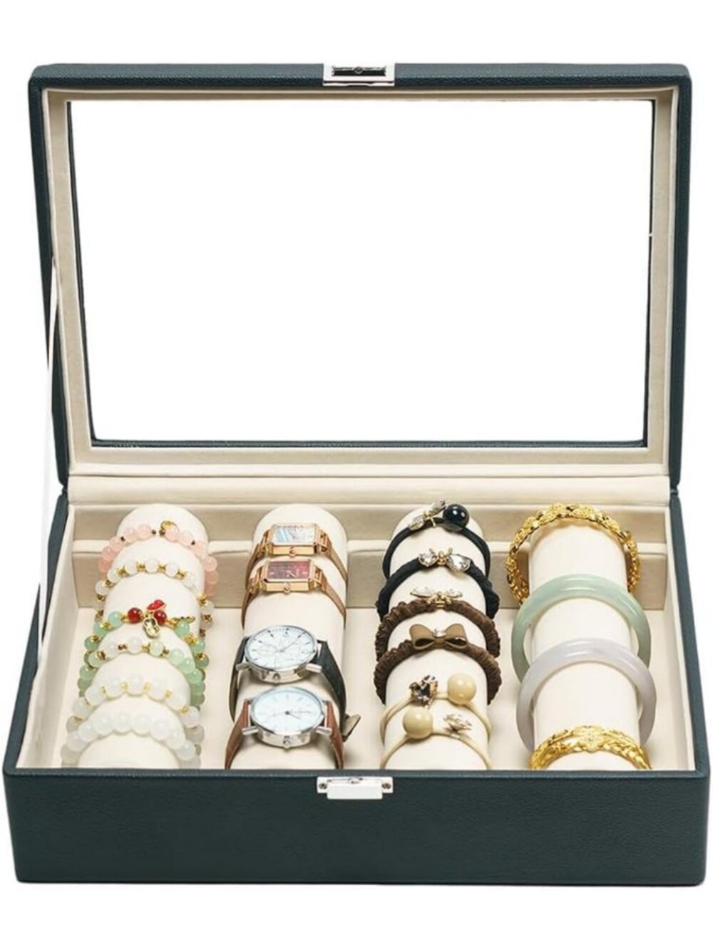 Stylish Black Leather Bracelet Organizer Case with 4 Rods - Perfect for Women!